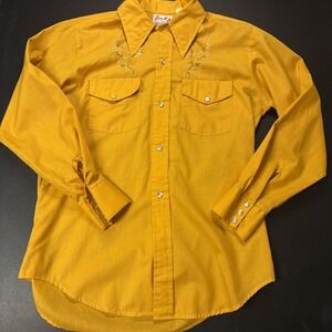 VTG Lazy H Ranch Western Shirt Pearl Snap Embroider Dagger Collar Medium 15/15.5